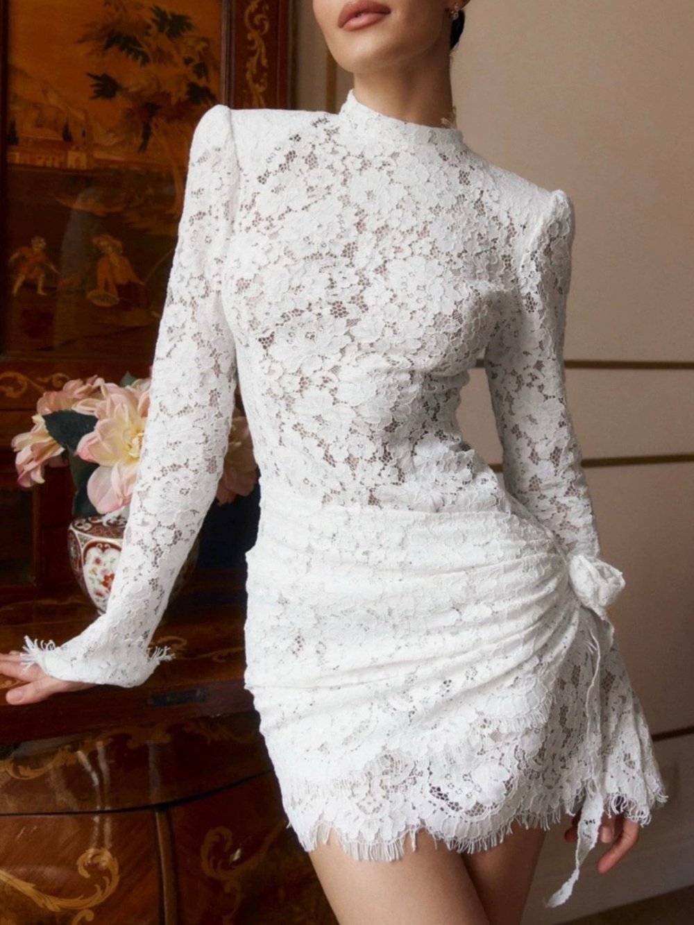 Lace Long-Sleeve Ruched Mini Dress